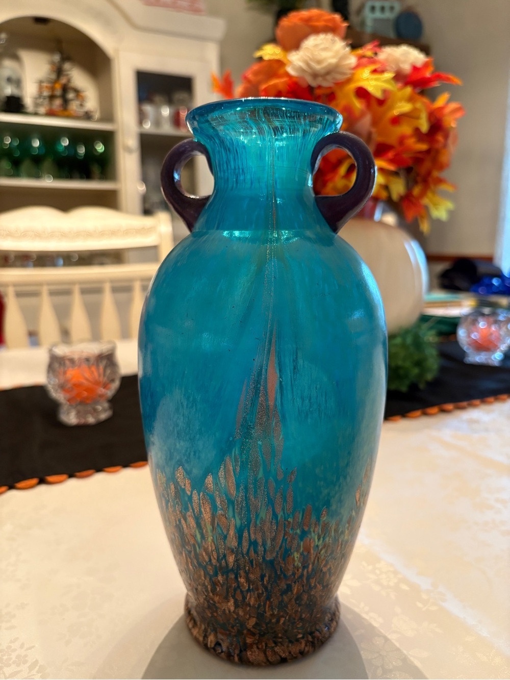 Dale Tiffany Art Glass Amphora Vase Blue Iridescent Double Handle Decorative Vas